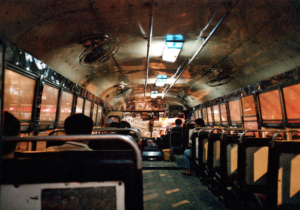 Bangkok night bus interior.